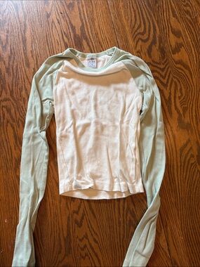 Zine Clothing White and Light Green Long Sleeve Crop Top